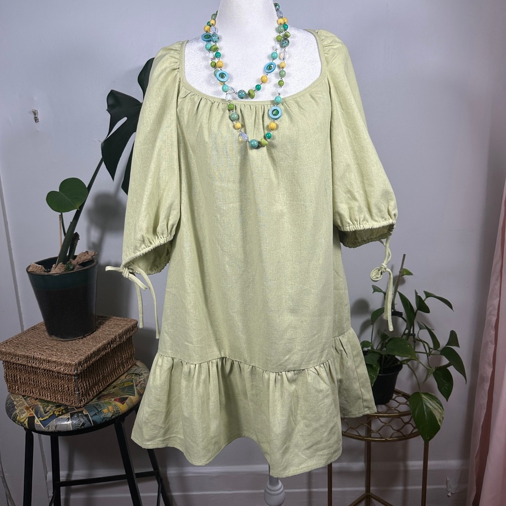 Charlie Holiday Sage Green Linen Blend‎ Mini Dress Puff Sleeve Women's AU 8